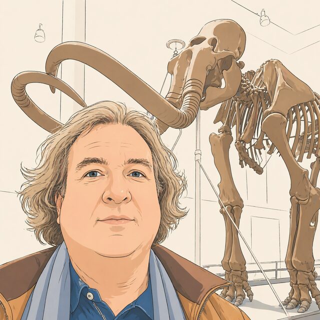Stylized portrait with a museum mammoth skeleton